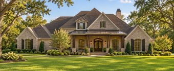 Brick home with landscaped lawn and mature trees