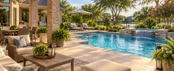 Covered outdoor patio overlooking a landscaped swimming pool